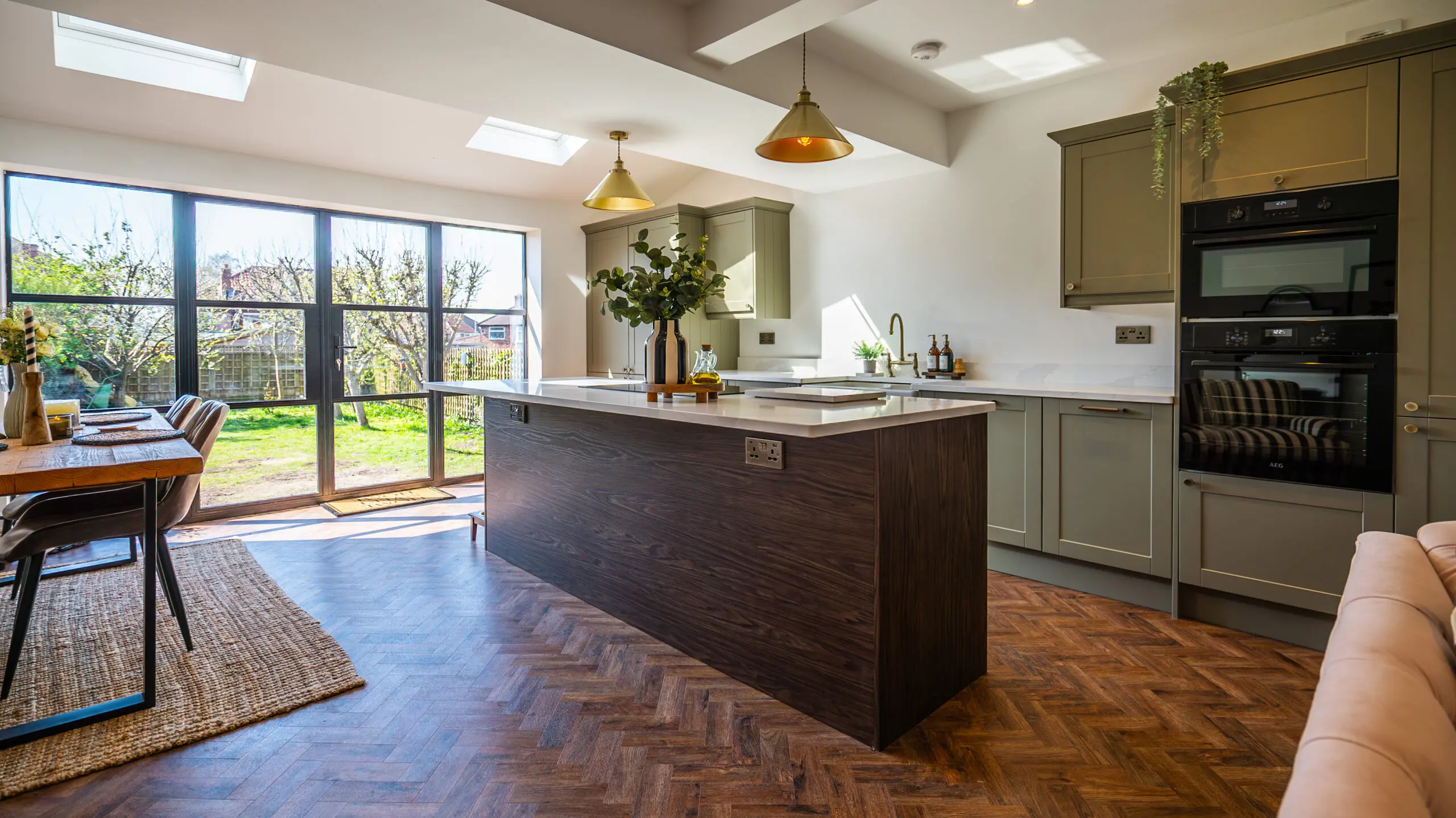 Green Kitchen Design in Chester with Calacatta Gold Quartz Worktops