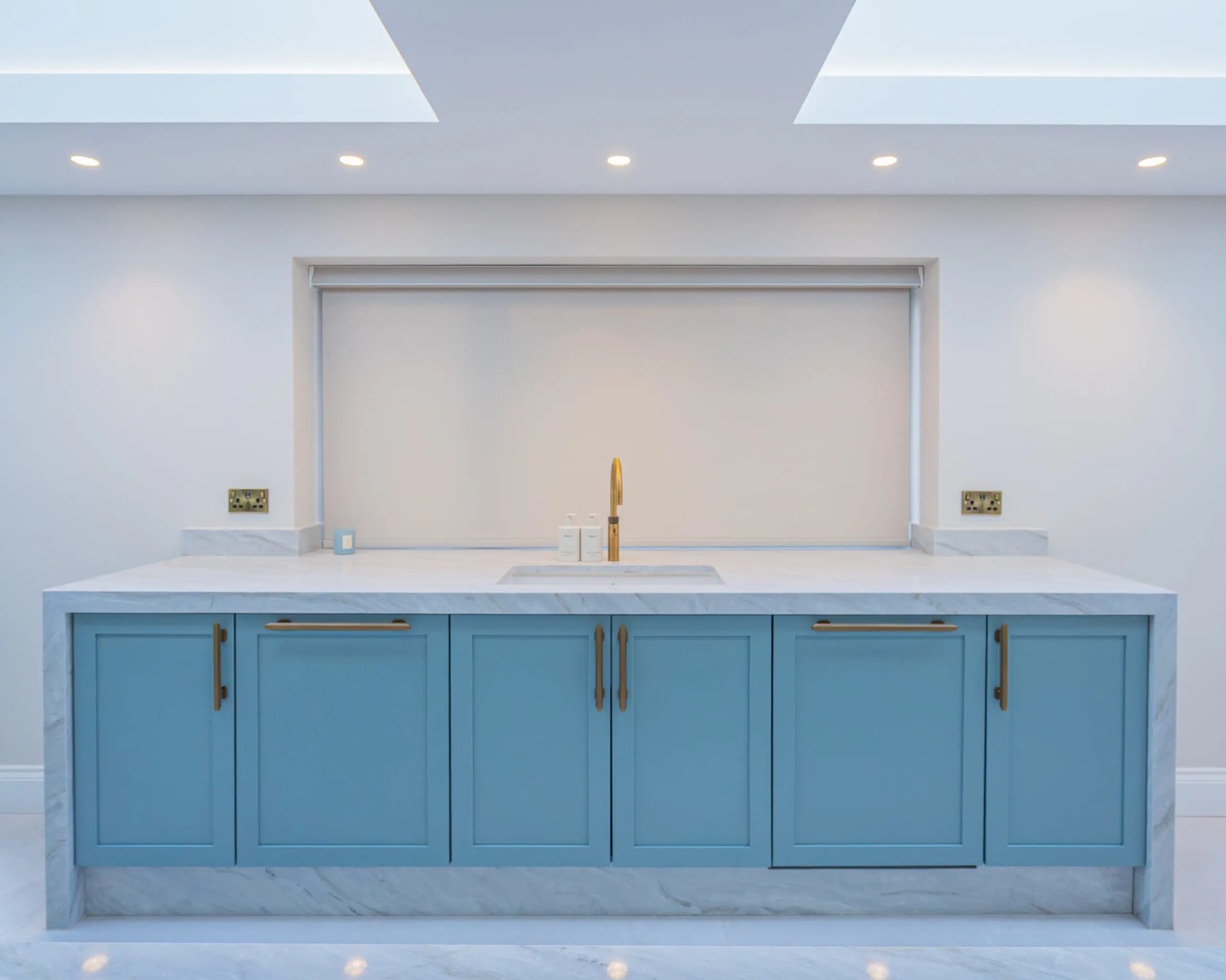 Light Blue Kitchen Design in Aughton with River White Quartz Worktops